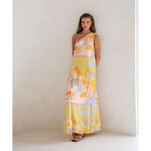 Sabo Womens Tayvia Maxi Dress One Shoulder Lined Morning Peach Print Medium